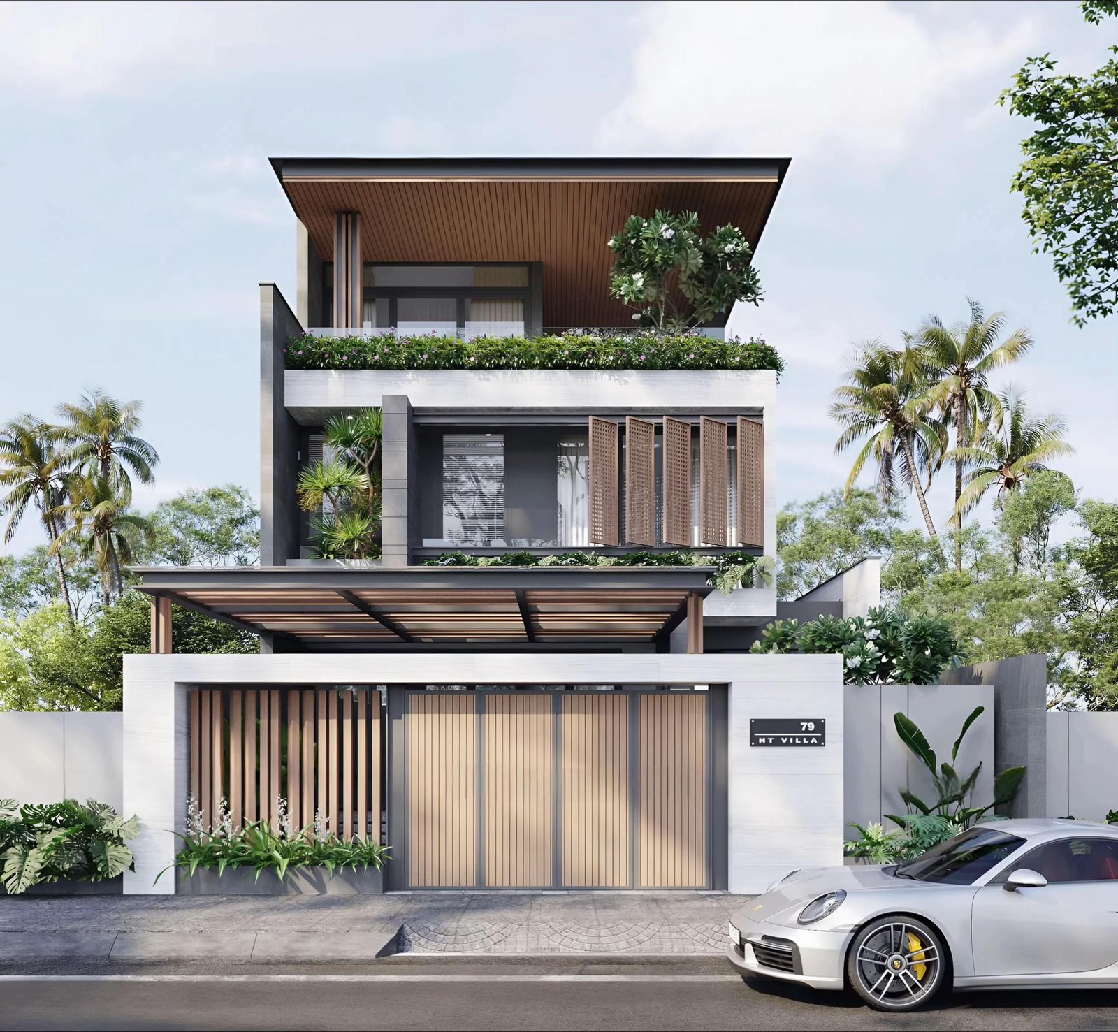 Phối cảnh mặt tiền HT Villa với hình khối giật cấp mạnh mẽ và hiện đại.