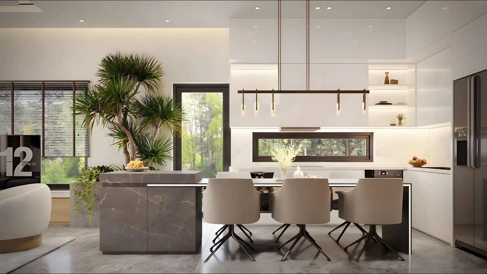 Khu vực bếp hiện đại kết hợp bàn đảo đá marble cao cấp.