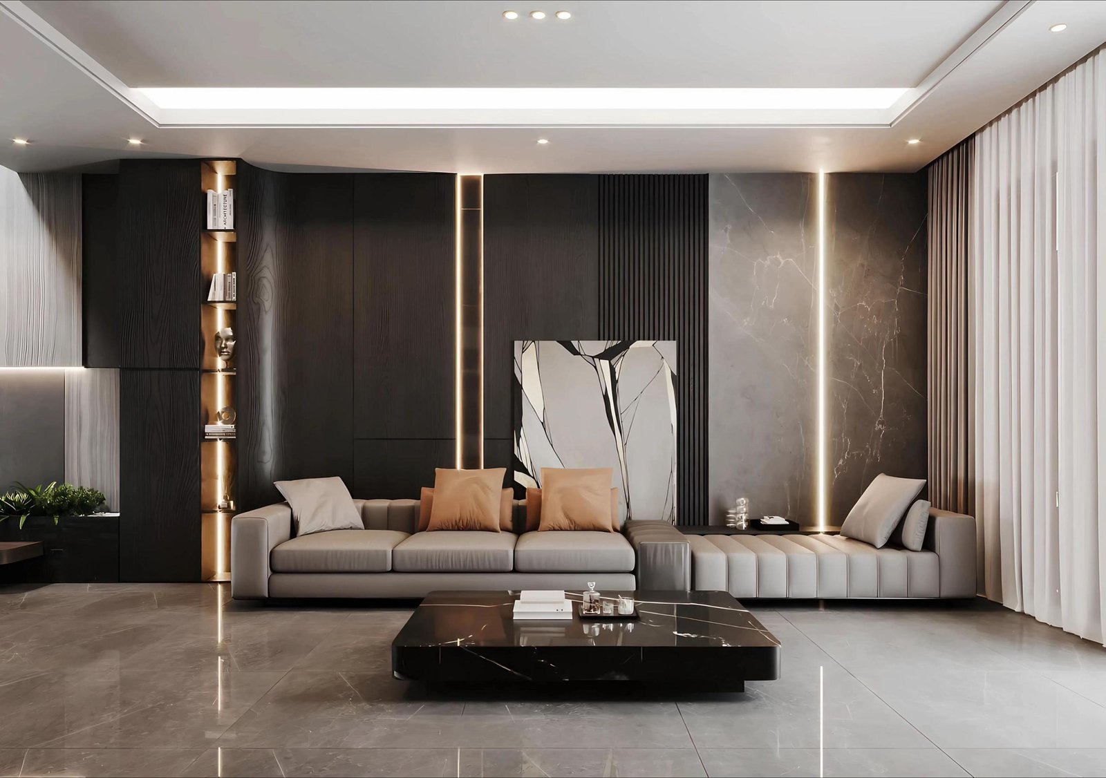 Không gian phòng khách Luxury Minimalist với mảng nhấn đá Marble và hệ vách gỗ mun sang trọng.