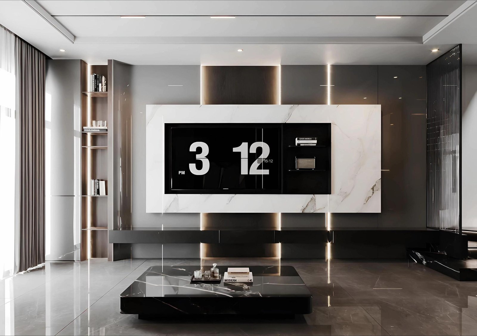Góc nhìn trực diện hệ kệ TV được thiết kế như một tác phẩm nghệ thuật đương đại. Sự đối lập giữa sắc trắng tinh khôi của đá và tông đen nhám của hệ tủ tạo nên vẻ đẹp vượt thời gian cho Kiến trúc Decon’s.