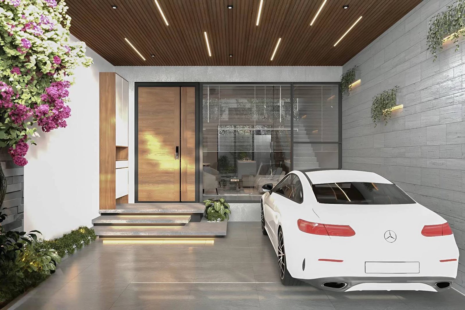 Sảnh đón và gara ô tô được thiết kế như một showroom mini. Hệ trần lam gỗ tích hợp đèn LED linear không chỉ mang lại ánh sáng mà còn khẳng định đẳng cấp của gia chủ ngay từ lối vào.