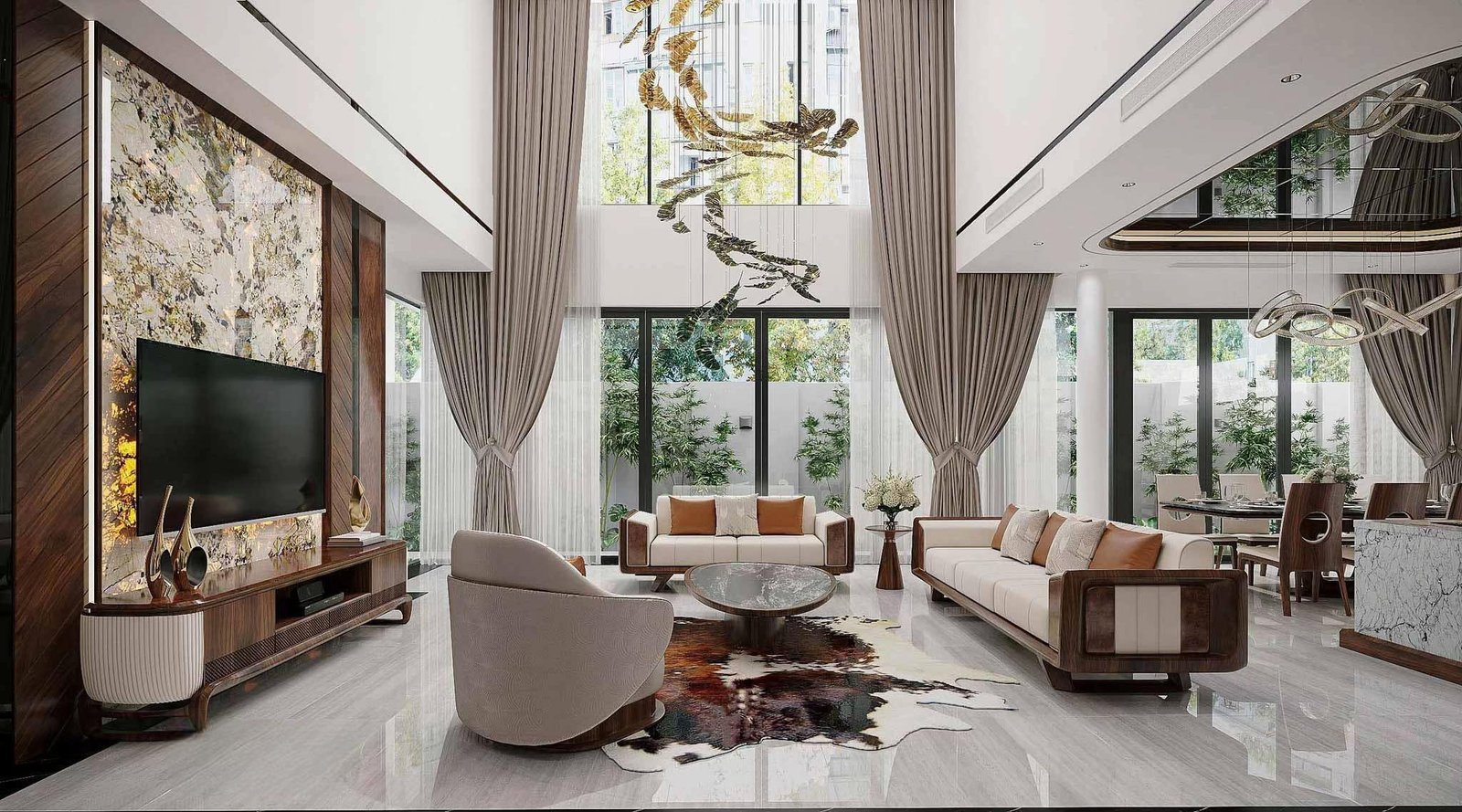 Đỉnh cao của sự xa hoa với thiết kế phòng khách thông tầng (Double Height).