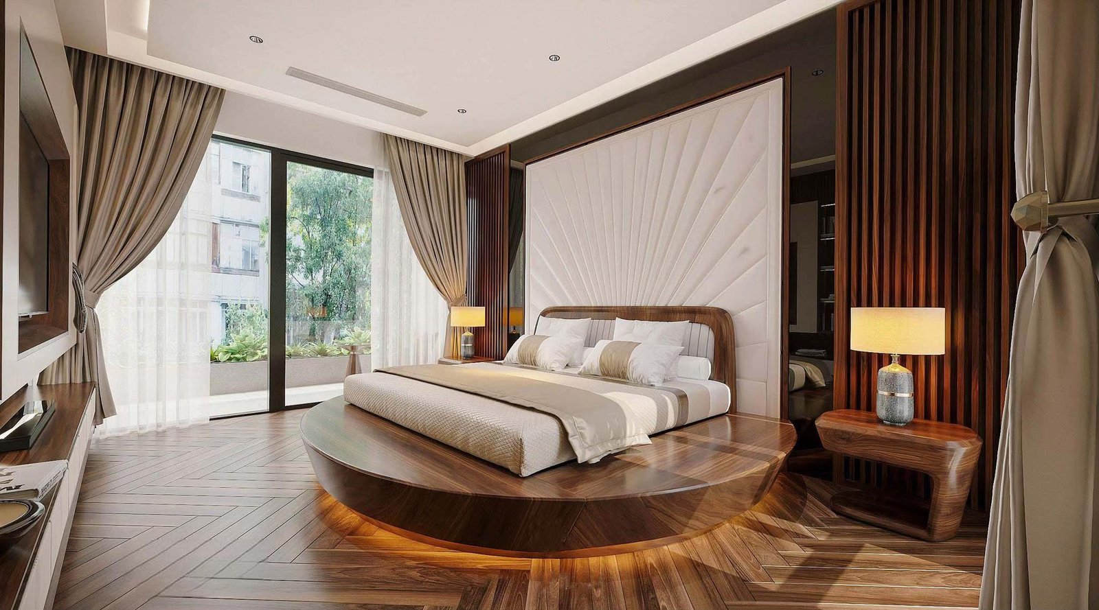 Phòng ngủ Master đầy ấn tượng với chiếc giường tròn đặt trên bệ gỗ – một yêu cầu cá nhân của gia chủ. Không gian mở hướng thẳng ra ban công xanh, mang đến trải nghiệm nghỉ dưỡng 5 sao mỗi ngày ngay tại gia.