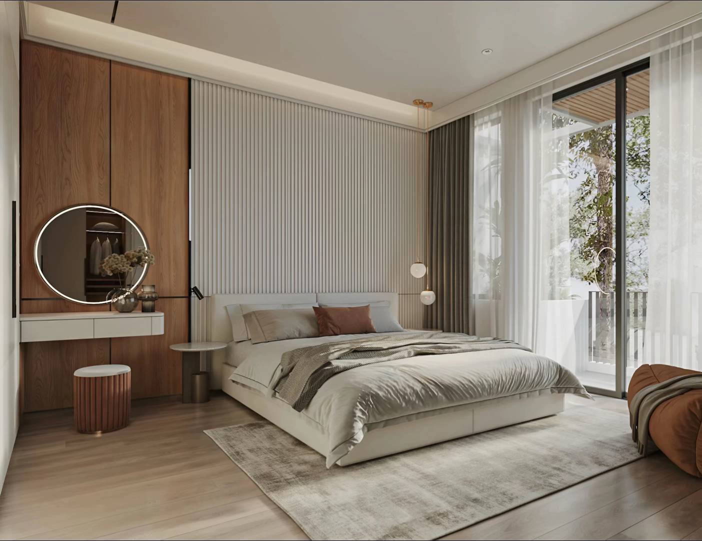Vách đầu giường lam sóng kết hợp gương trang điểm đèn LED tạo nên một không gian nghỉ dưỡng chuẩn 5 sao.