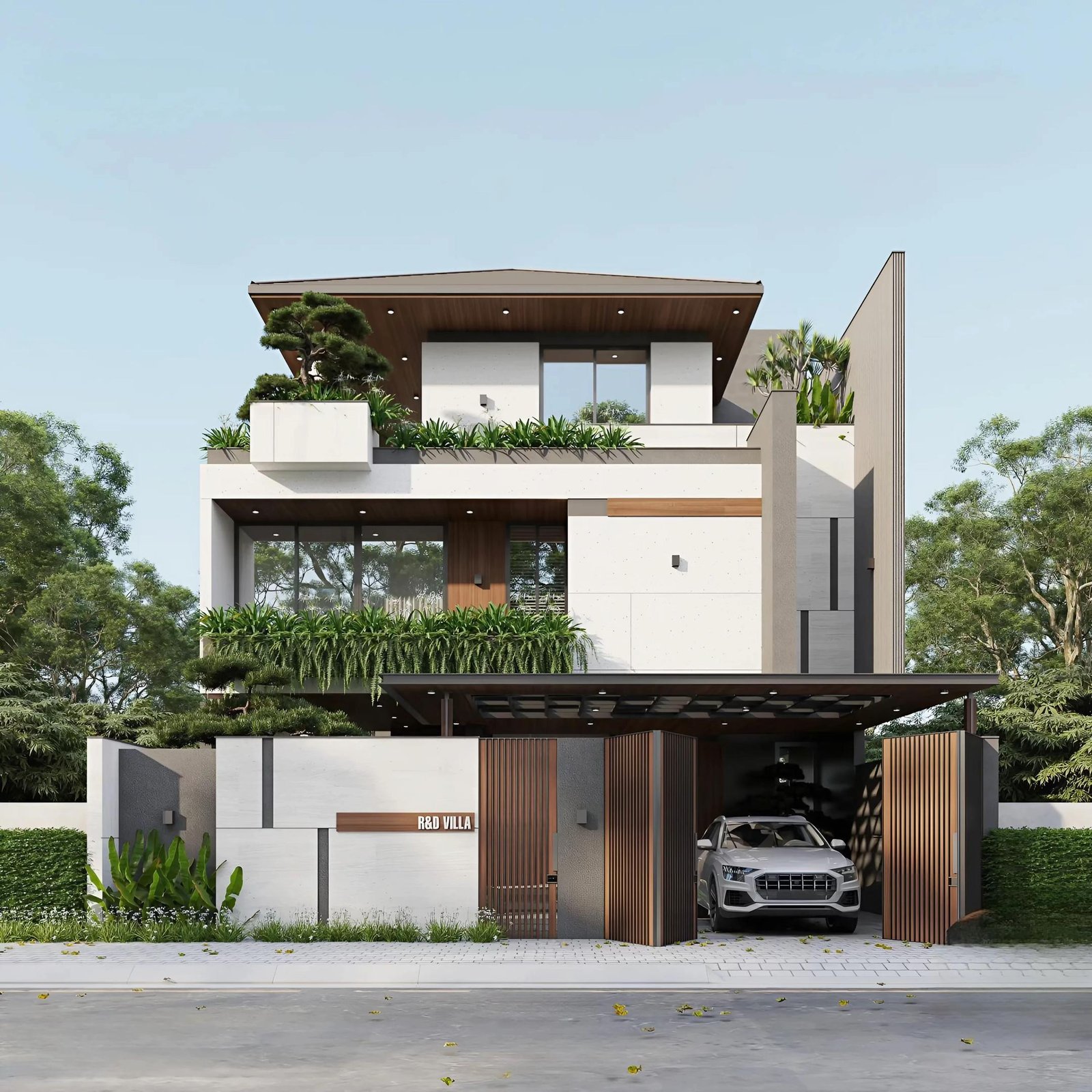 Phối cảnh mặt tiền R&D Villa tại Quảng Ninh – Sự kết hợp hoàn mỹ giữa hình khối kiến trúc hiện đại và vật liệu đá tự nhiên, gỗ ấm áp.
