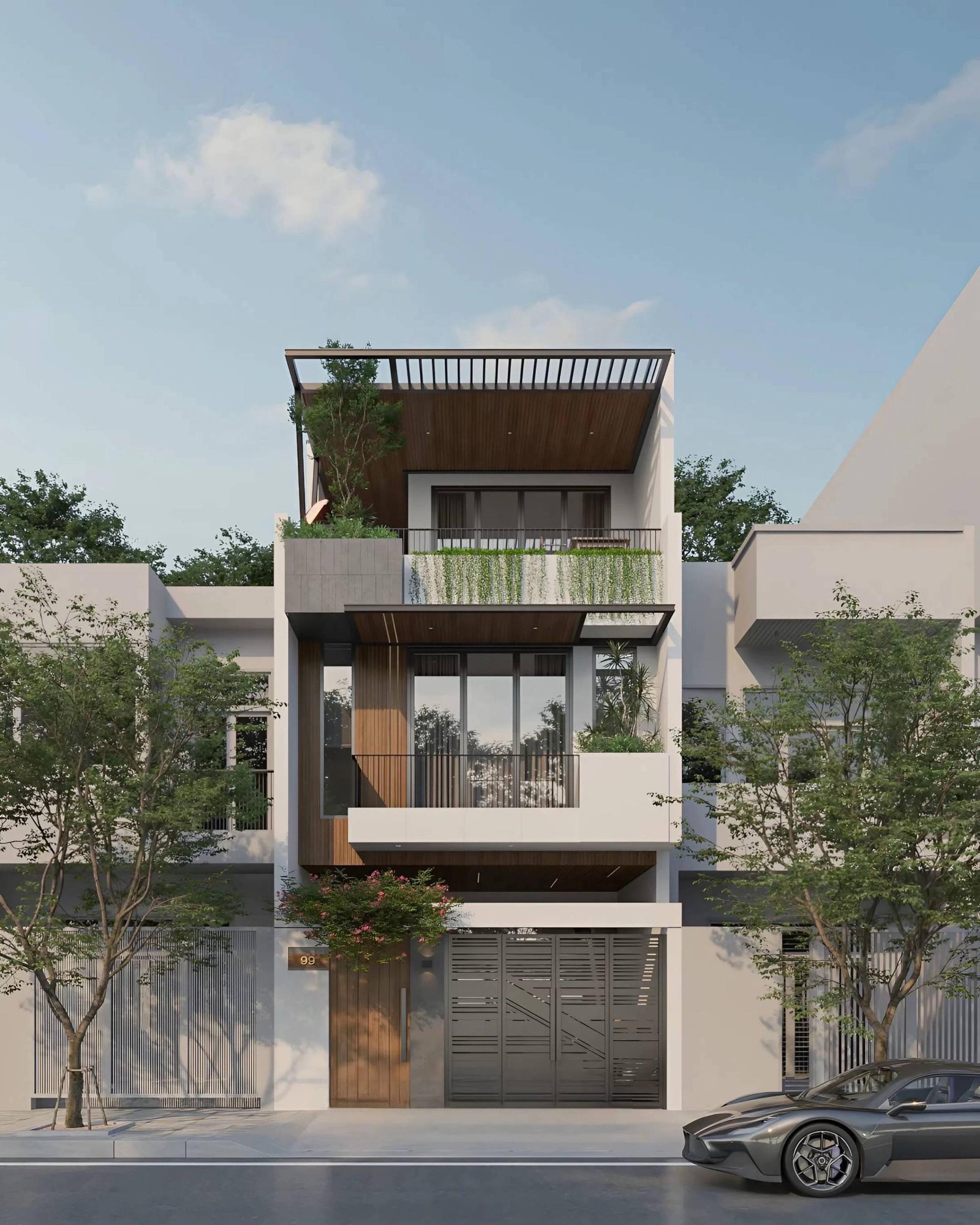 Phối cảnh kiến trúc ngoại thất hiện đại của mẫu nhà phố 6x17m tại Hưng Yên.
