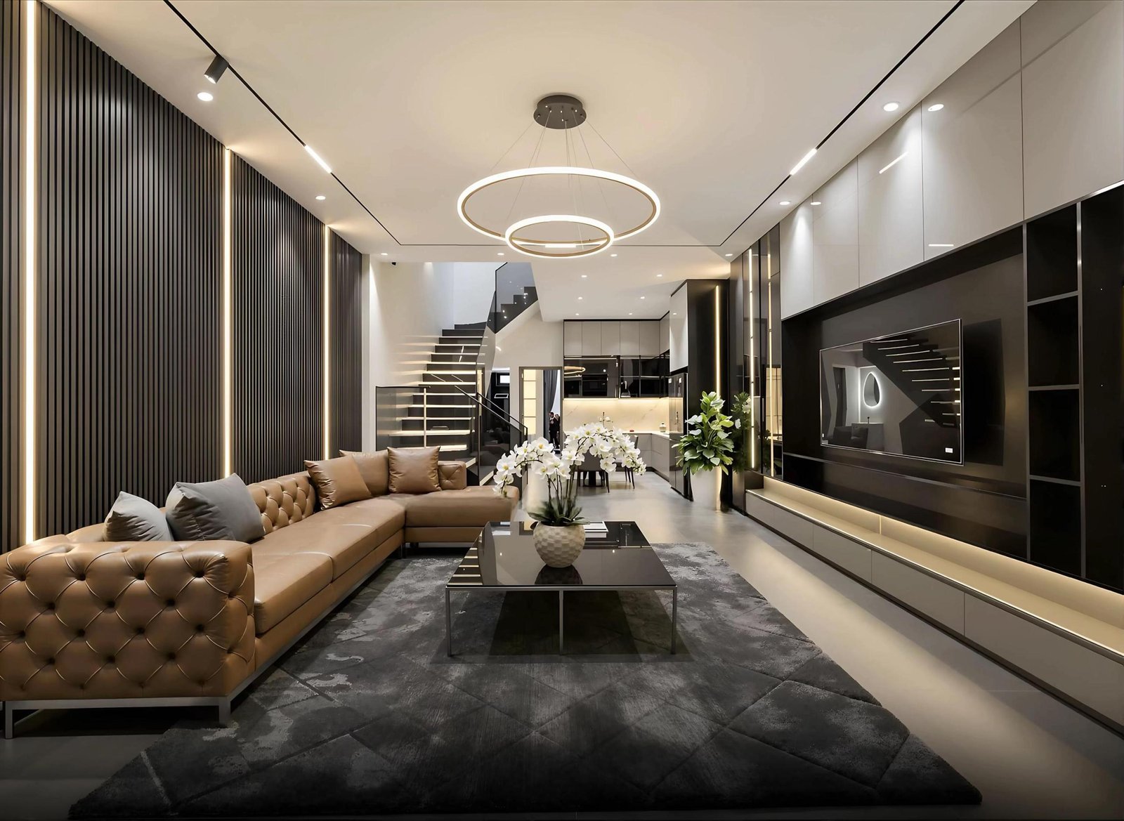 Không gian nội thất phòng khách hiện đại với thiết kế mở. Hệ đèn LED Linear và trần thạch cao phẳng giúp nhân đôi cảm giác về diện tích cho căn nhà phố 6m ngang.