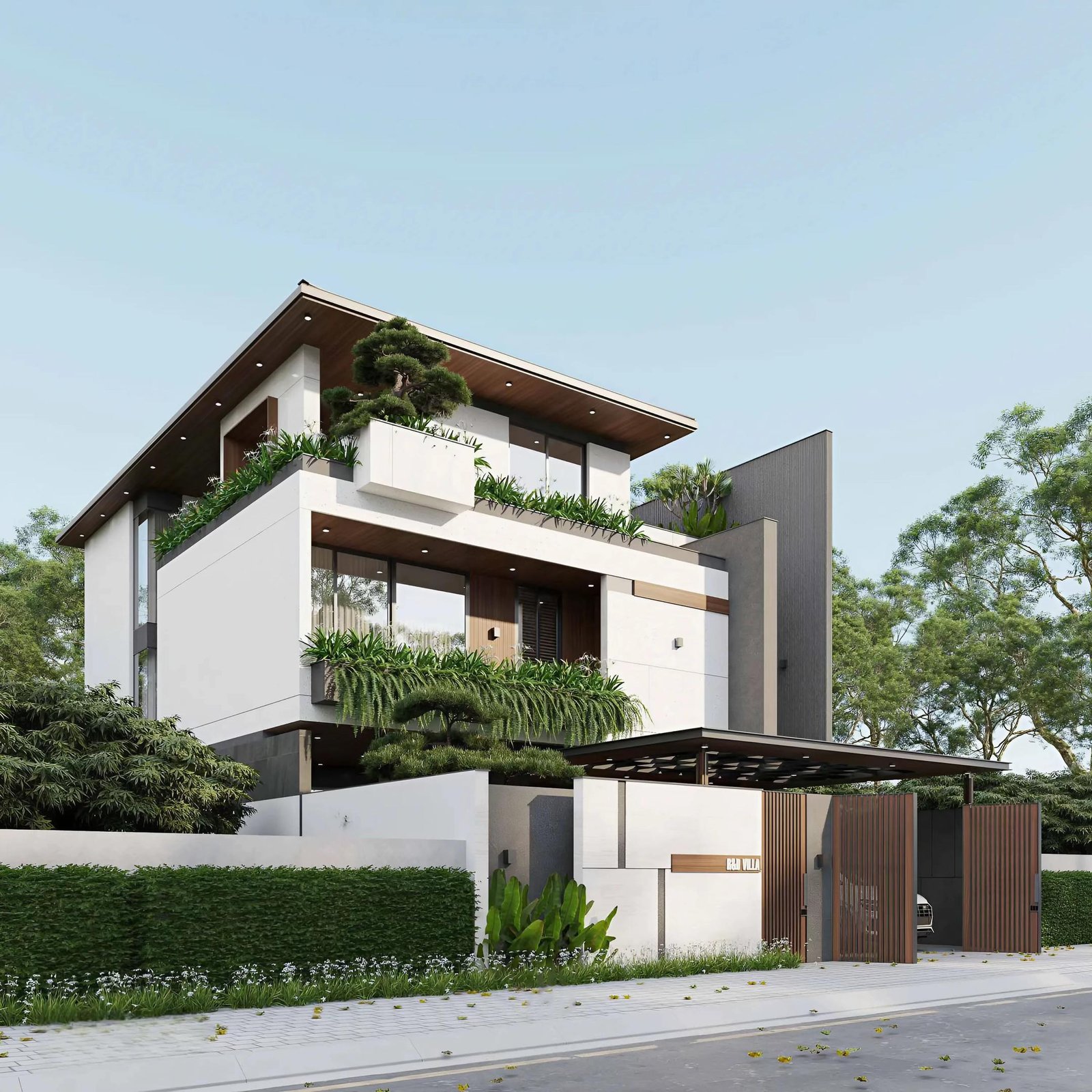 Hệ cổng nan gỗ dọc tạo điểm nhấn riêng tư nhưng vẫn thanh thoát cho căn biệt thự phố 12x25m