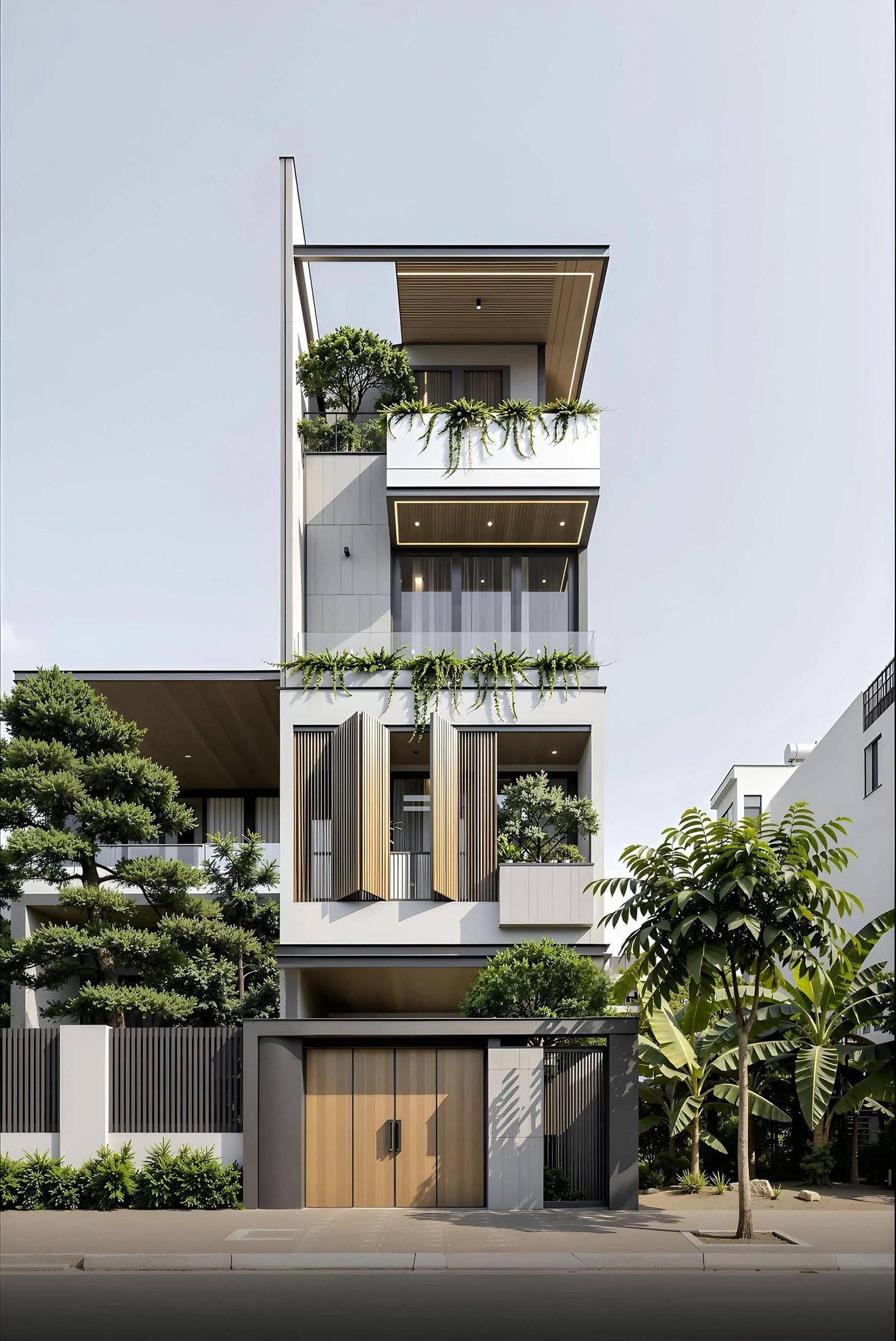 Kiến trúc mặt tiền nhà phố 3.5 tầng hiện đại với hệ lam gỗ di động – DeluxHome.