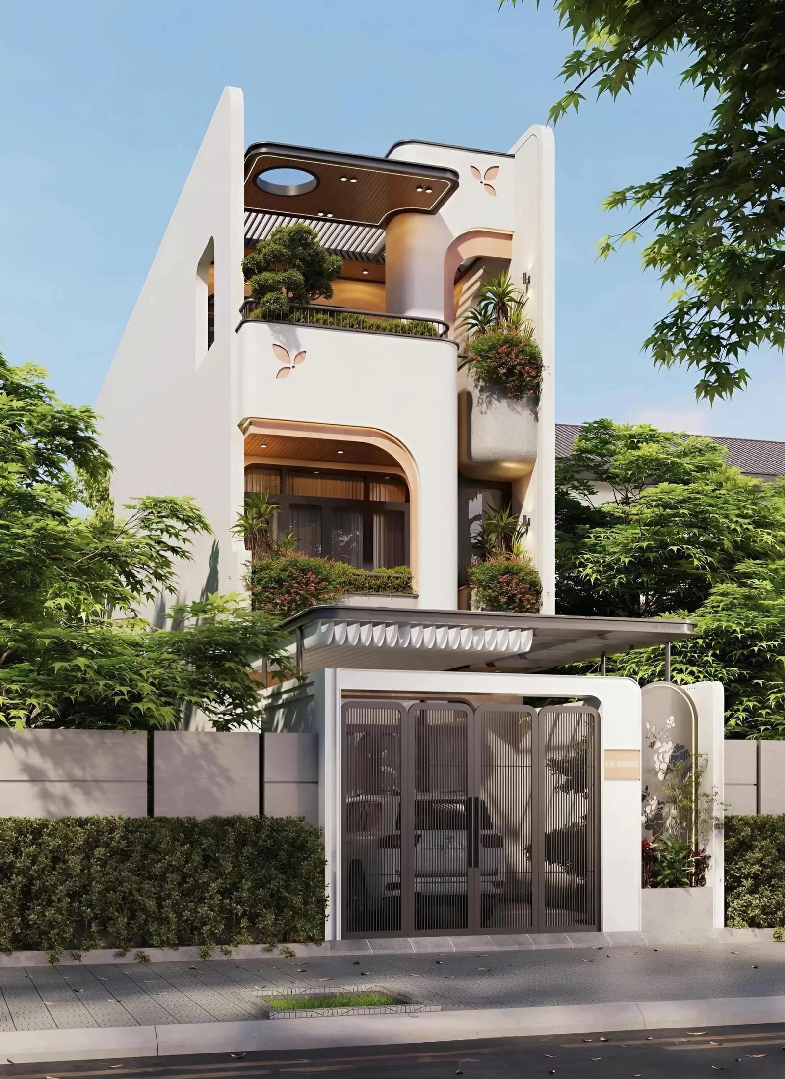 Phối cảnh mặt tiền nhà phố hiện đại 2.5 tầng tại Hà Nam, thiết kế đường cong bo góc, ban công xanh, phong cách Modern Tropical, Kiến trúc Decon's DeluxHome.