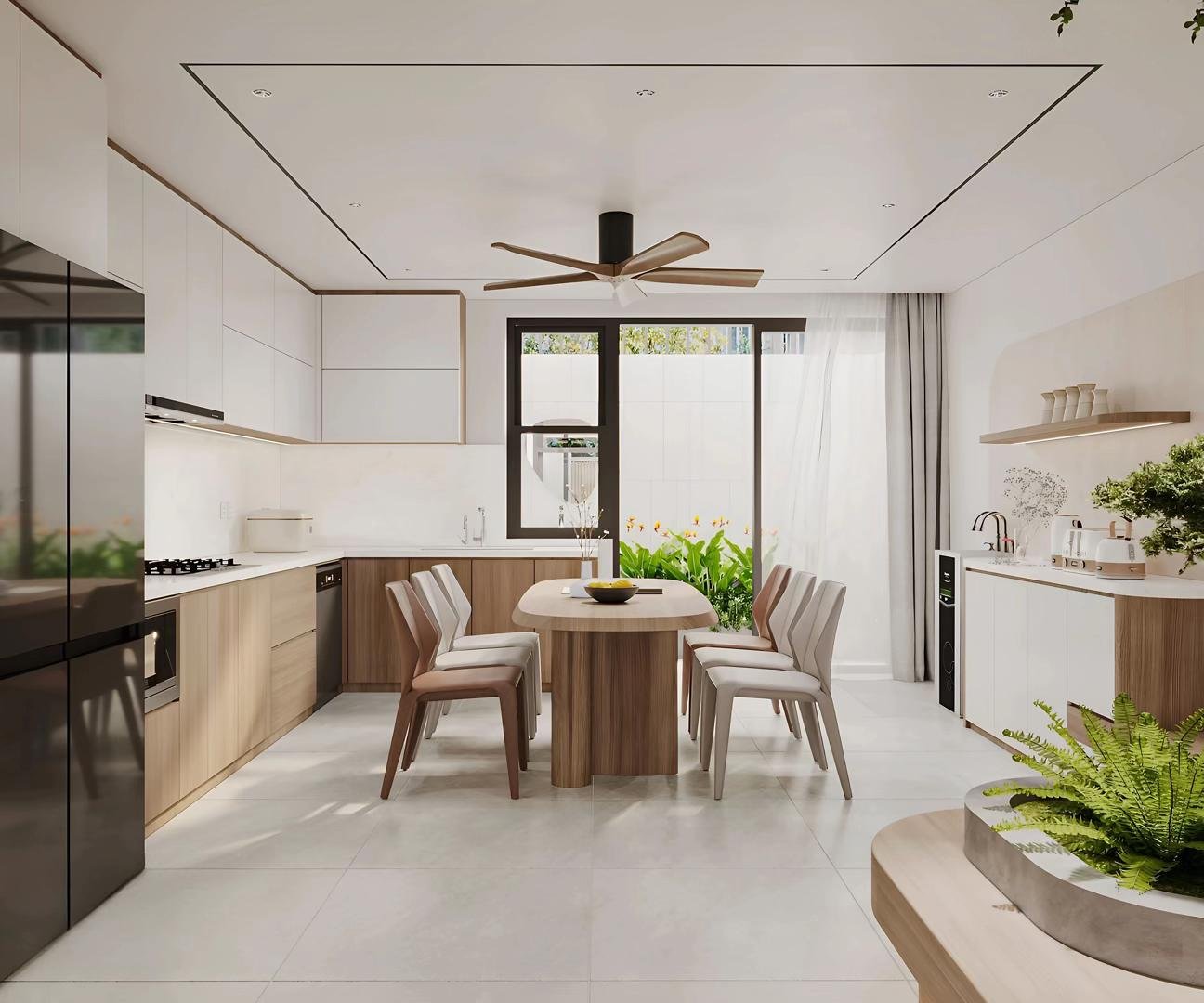 Bàn ăn gỗ ấm cúng kết hợp tiểu cảnh xanh, nơi vun vén hạnh phúc cho những bữa cơm gia đình.