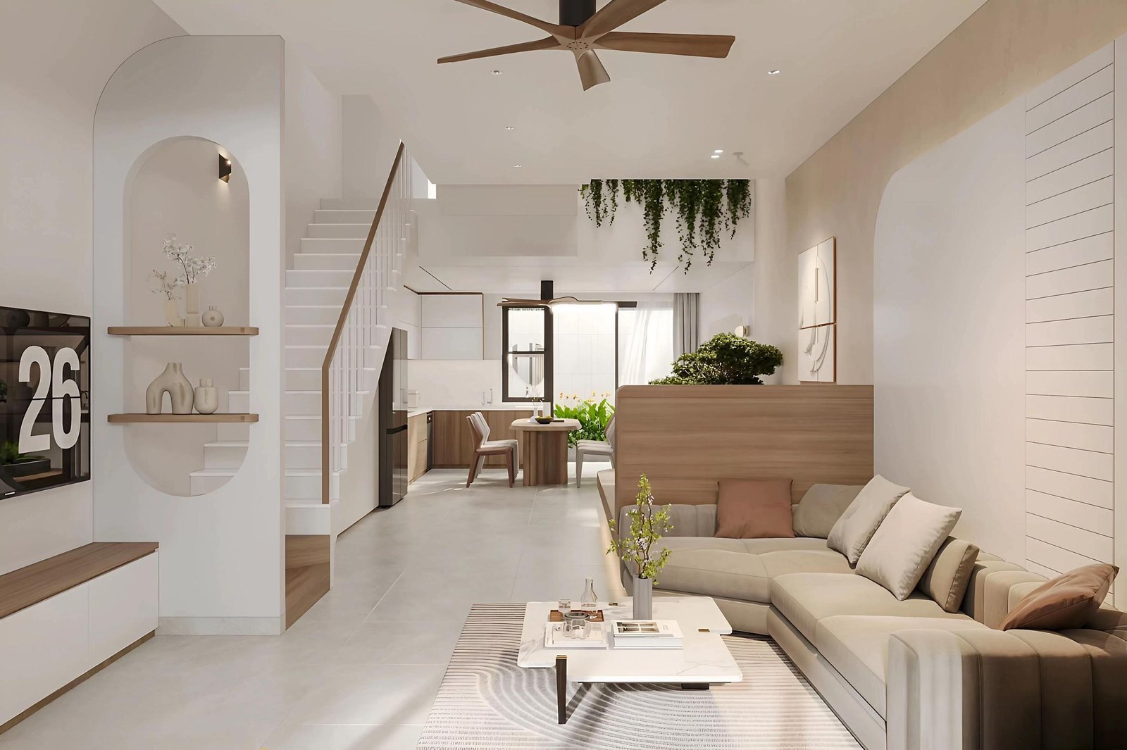 Không gian mở liên hoàn Living - Dining với tông màu trung tính, tạo cảm giác rộng rãi và thoáng đãng.