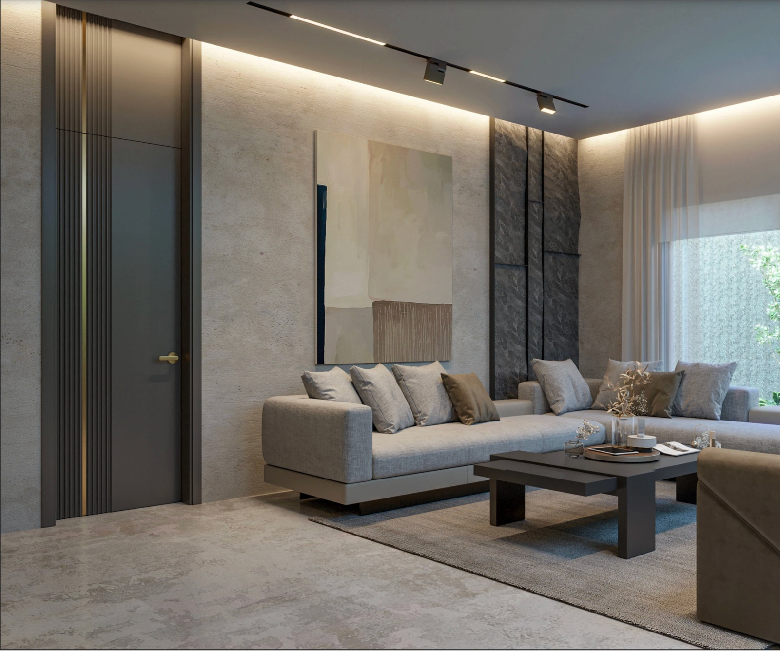 Bản giao hưởng của vật liệu trung tính: Sofa nỉ, tường đá thô mộc và ánh sáng gián tiếp.
