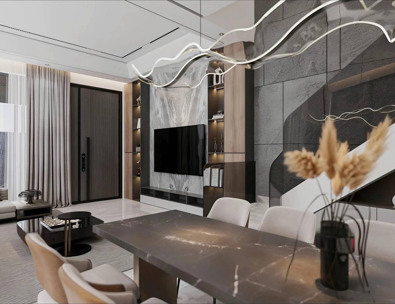 Sự kết hợp tinh tế giữa vách đá marble vân mây và hệ tủ kệ âm tường. Từng chi tiết nội thất tại Decon’s đều được tính toán để vừa sang trọng vừa tối ưu diện tích lưu trữ.