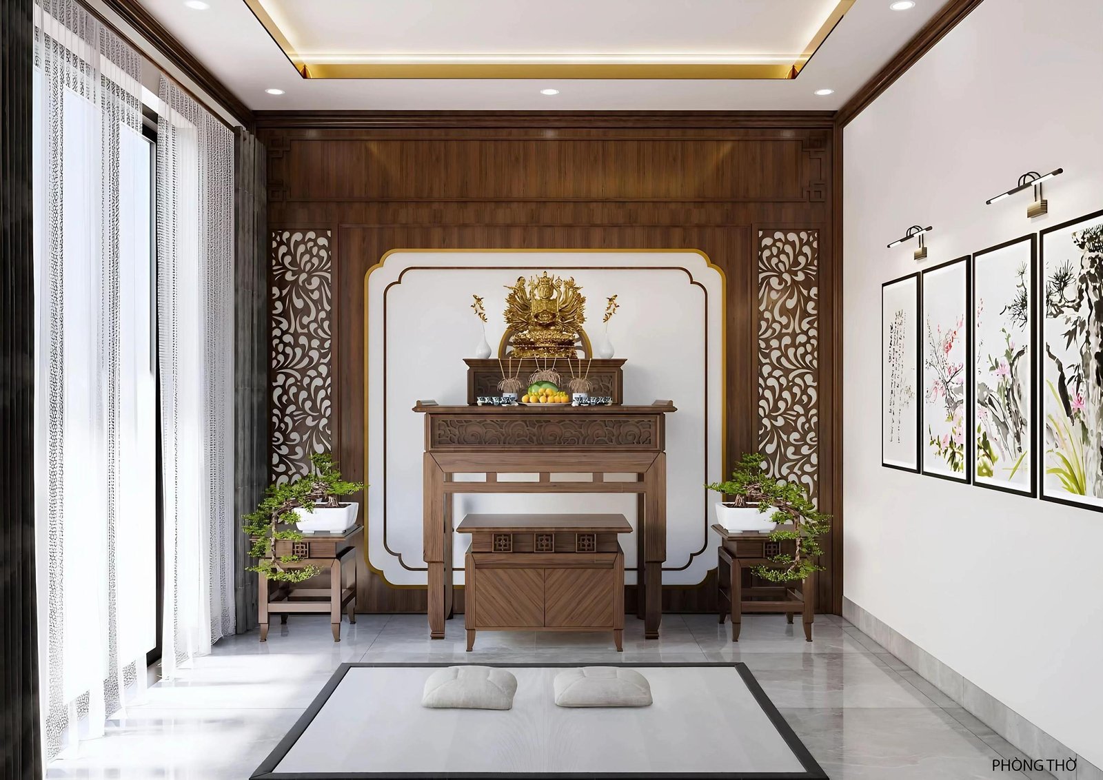 Không gian thờ cúng trang nghiêm với nội thất gỗ tự nhiên và vách ngăn CNC tinh xảo, gìn giữ nét đẹp văn hóa truyền thống của người Việt.