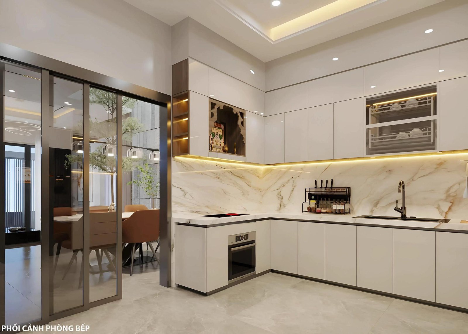 Khu vực bếp và bàn ăn hiện đại, thiết kế mở liền kề phòng khách giúp tăng tính kết nối giữa các thành viên trong gia đình.