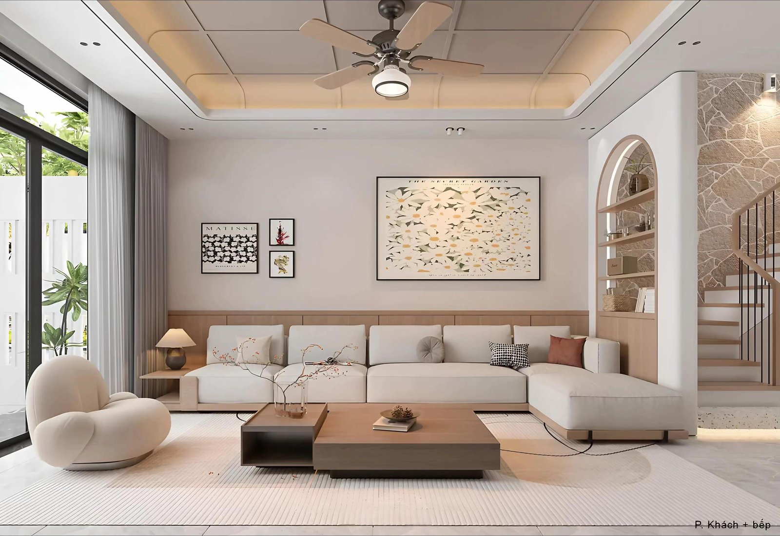 Nội thất phòng khách tầng 1 nhà anh Quân Hà Nam, sofa dáng cong, tranh Matisse, mảng tường đá rối cầu thang, rèm voan trắng, DeluxHome.