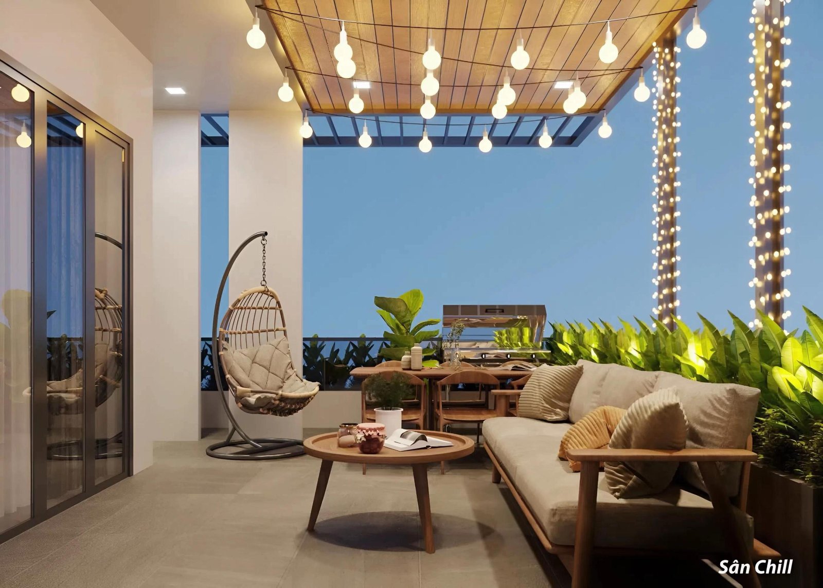 Sân thượng Chill với hệ đèn lung linh – góc nghỉ dưỡng lý tưởng để gia chủ tận hưởng những phút giây thư giãn kịch độc tại gia.