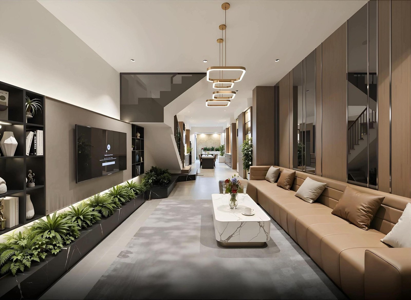 Rộng rãi và thoáng đạt đến bất ngờ! Nhờ thiết kế sofa chữ I chạy dọc tường, không gian phòng khách được tối ưu diện tích tối đa. Ánh sáng từ hệ đèn ray nam châm quyện cùng gam màu trung tính tạo nên một vẻ đẹp lịch lãm, sẵn sàng đón tiếp những vị khách quý của gia chủ.
