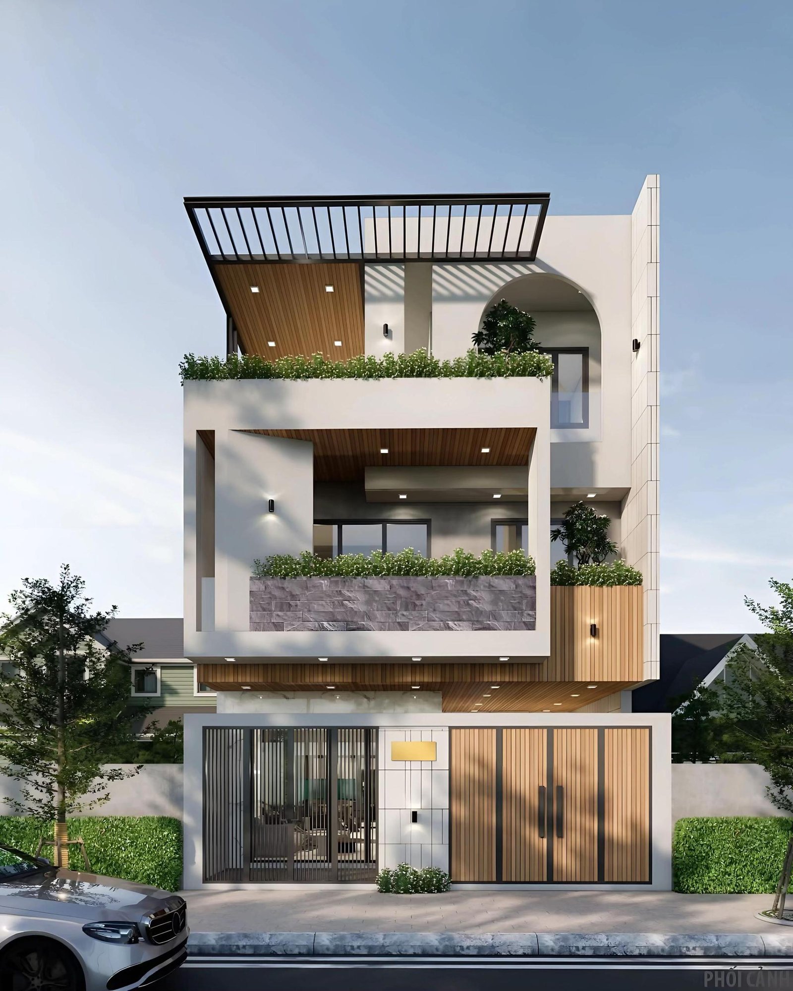 Phối cảnh mặt tiền nhà phố 3 tầng tại Hà Nam: Sự kết hợp hoàn mỹ giữa hình khối hiện đại và khoảng lùi xanh mát, tạo không gian sống thông thoáng.