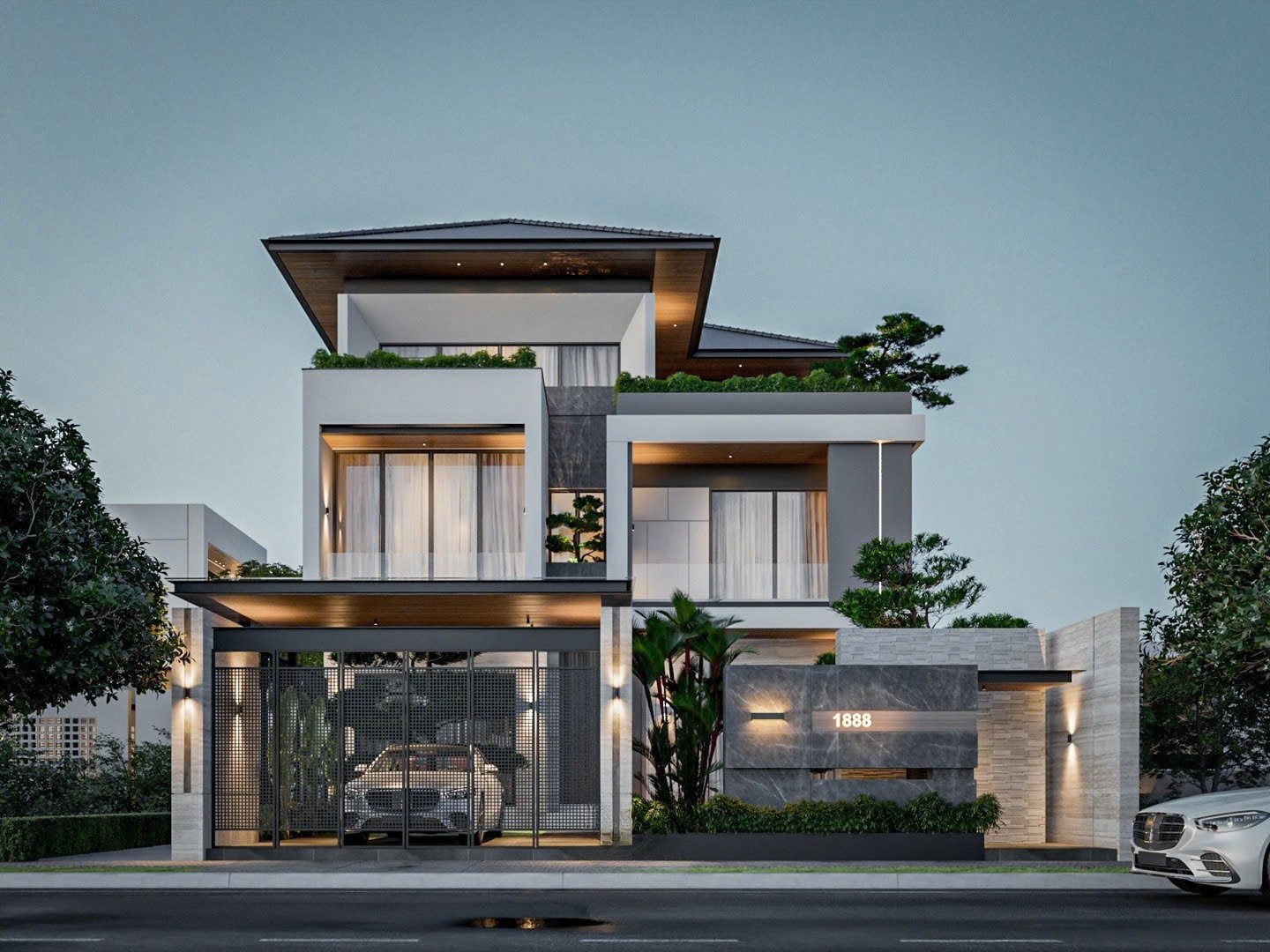 Phối cảnh 3D mặt tiền biệt thự phố 9x14m tại Hải Phòng – Sự kết hợp hoàn hảo giữa hình khối mạnh mẽ và ánh sáng nghệ thuật.