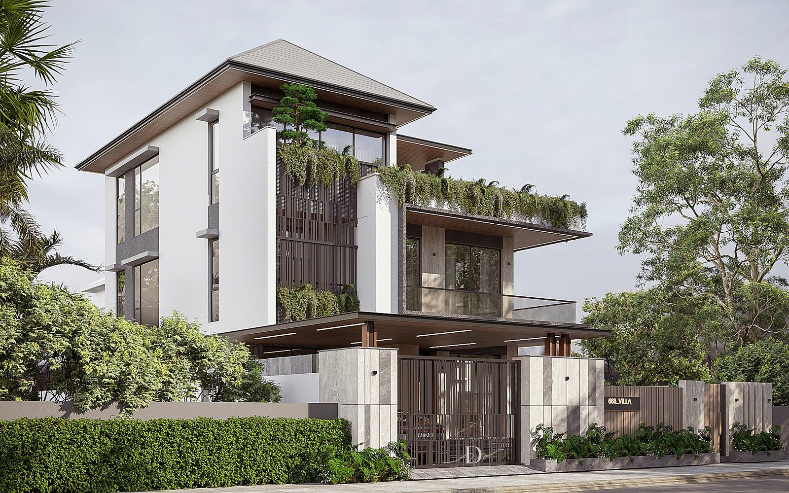iến trúc Modern Tropical của 668_VILLA: Sự giao thoa hoàn hảo giữa hình khối hiện đại và mảng xanh nhiệt đới.